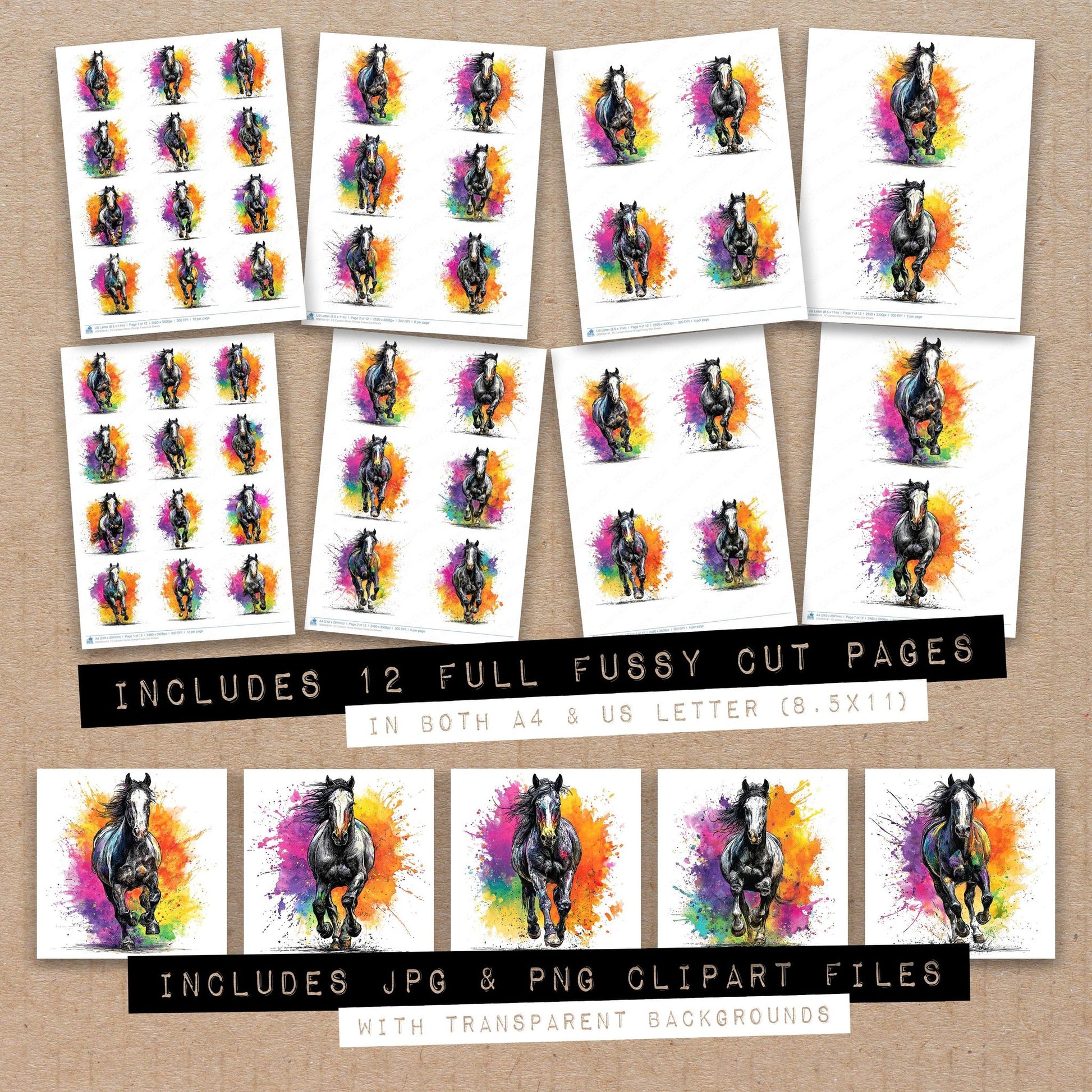 Full collection view of Cartoon Horse Charge fussy cut sheets with bonus clipart JPG and PNG files