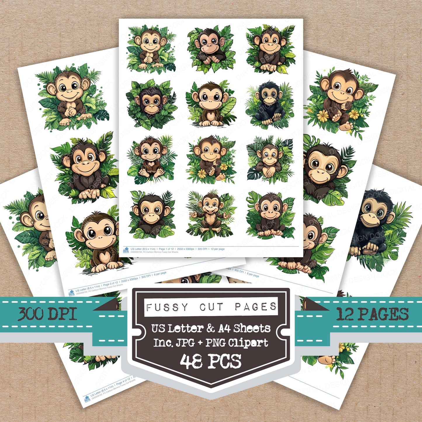 Cartoon Monkey fussy cut printable sheets for junk journaling, scrapbooking, and paper craft projects