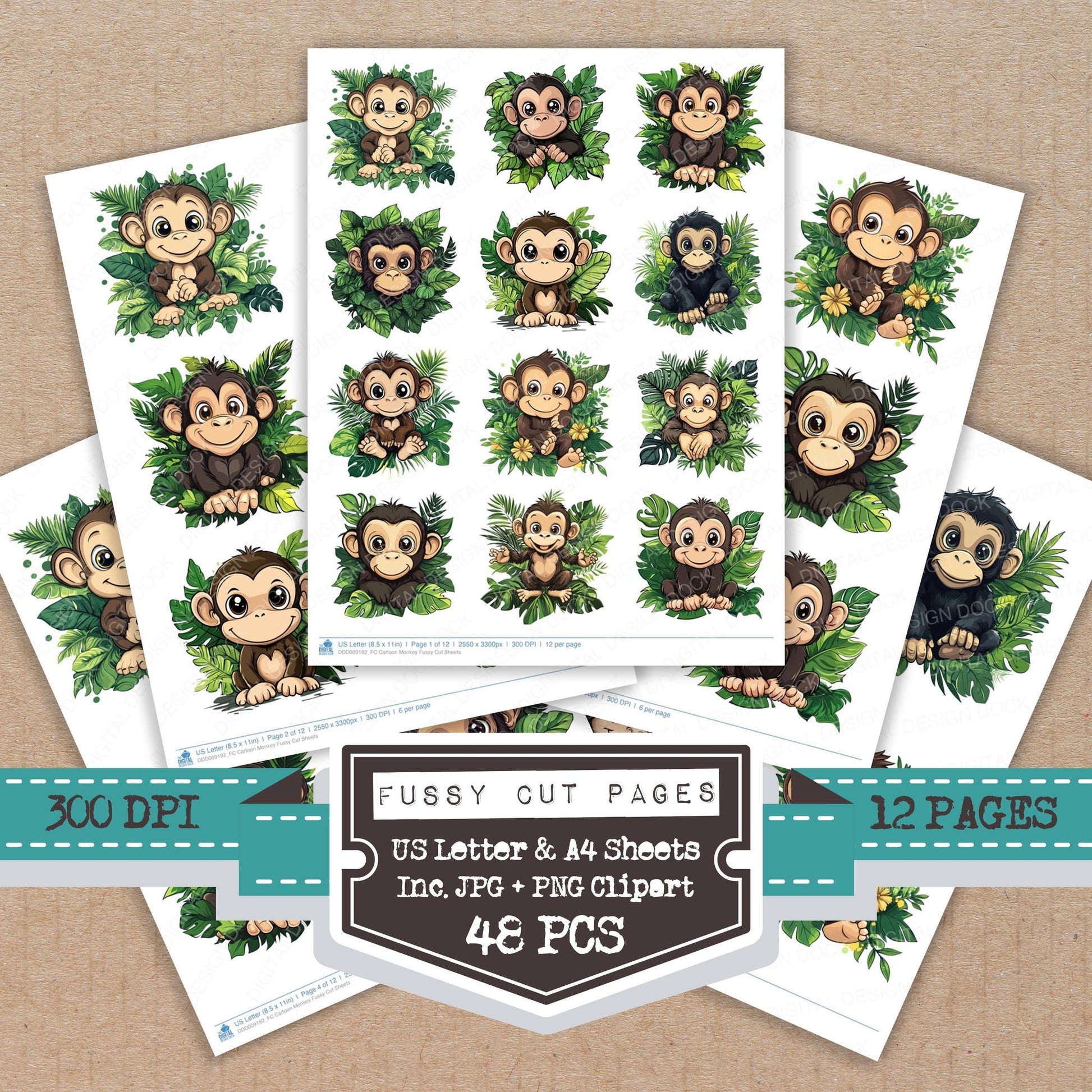Cartoon Monkey fussy cut printable sheets for junk journaling, scrapbooking, and paper craft projects