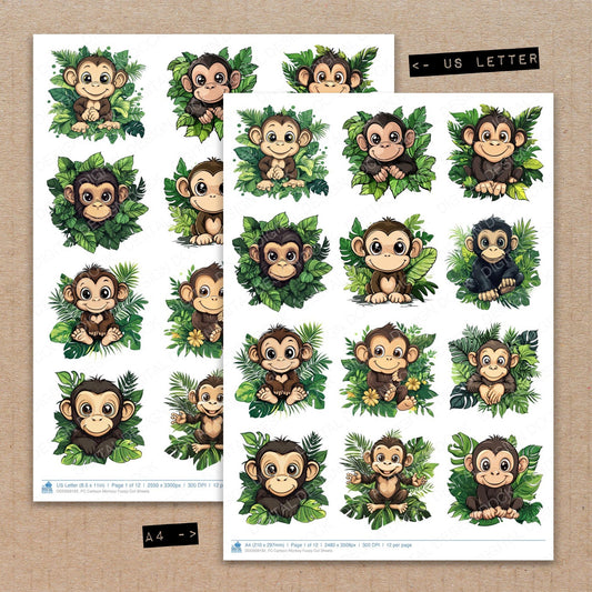 A4 and US Letter format comparison showing Cartoon Monkey fussy cut pages for print and cut crafting