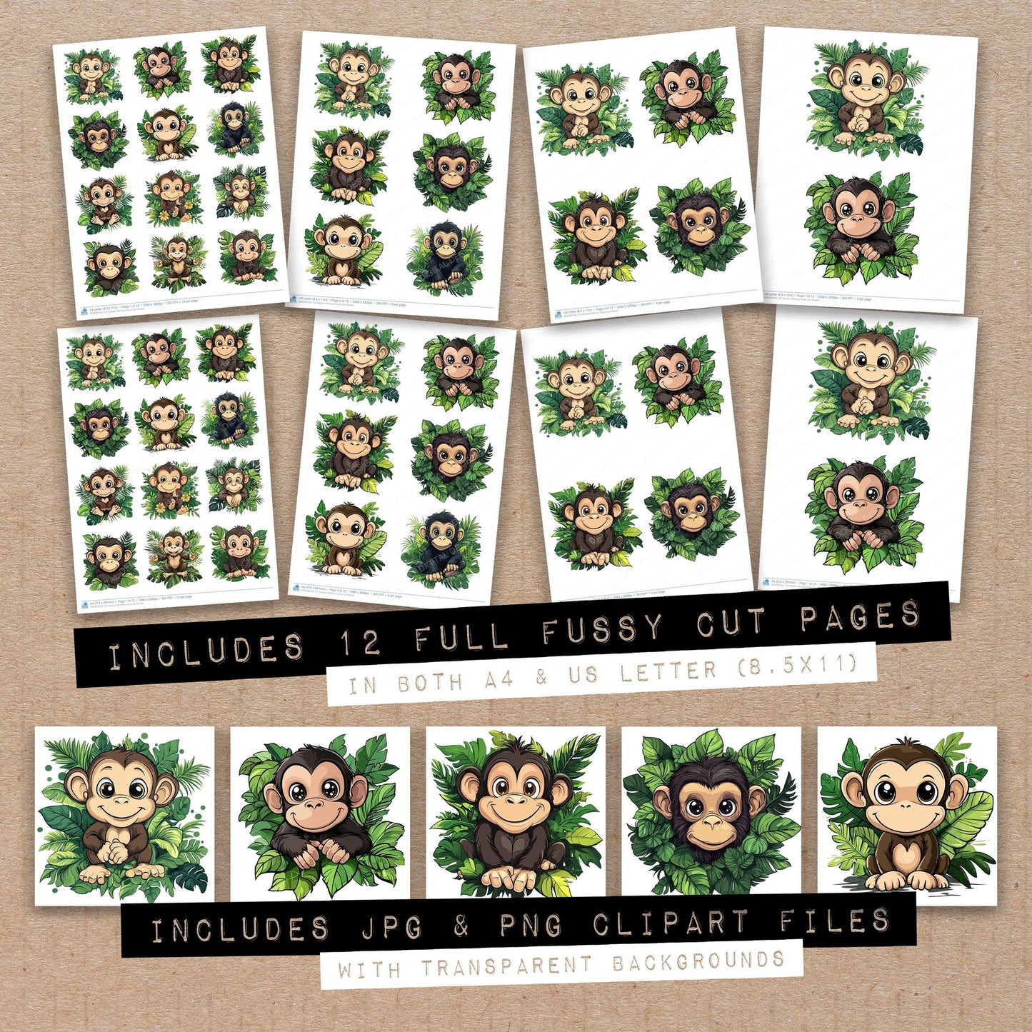 Full collection view of Cartoon Monkey fussy cut sheets with bonus clipart JPG and PNG files
