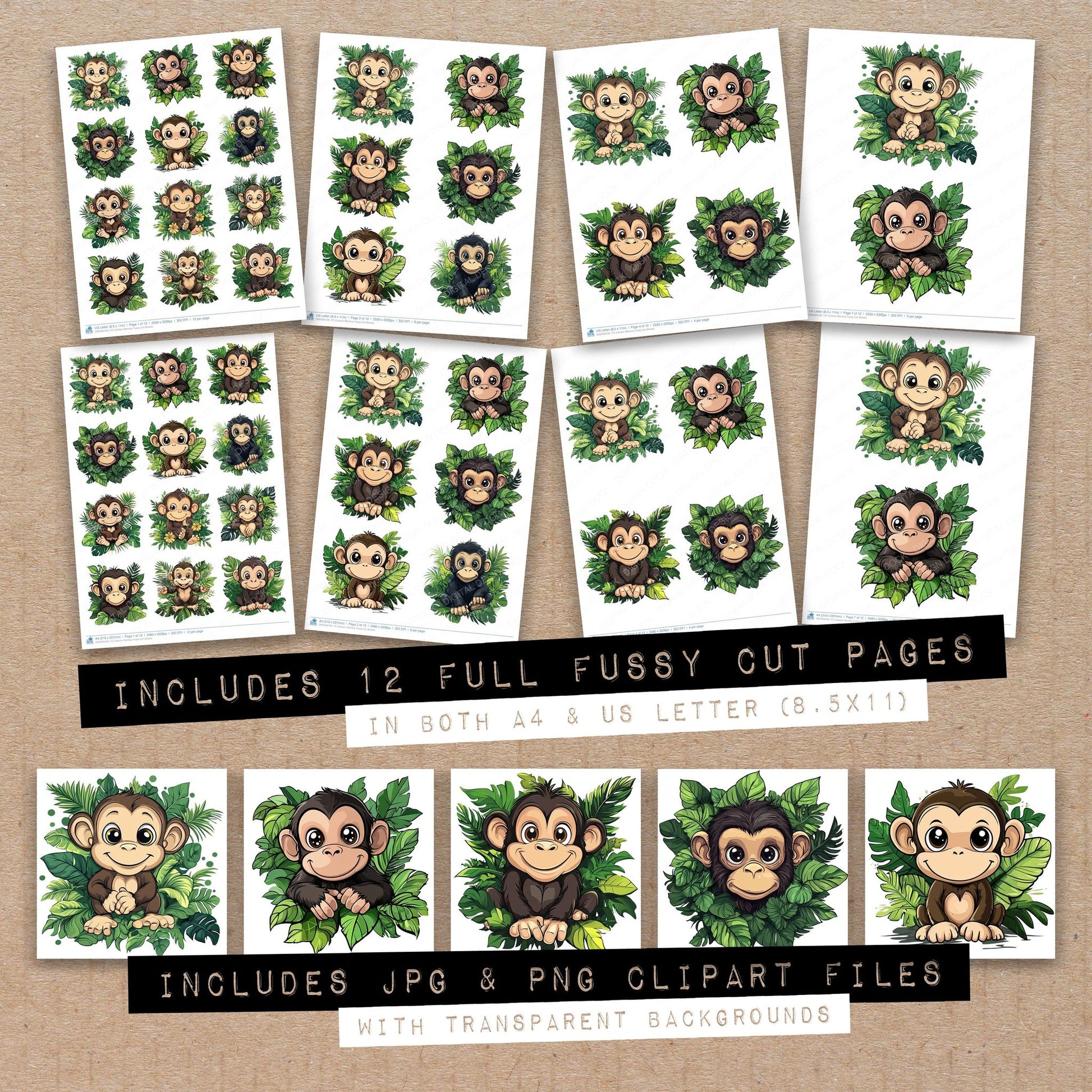 Full collection view of Cartoon Monkey fussy cut sheets with bonus clipart JPG and PNG files