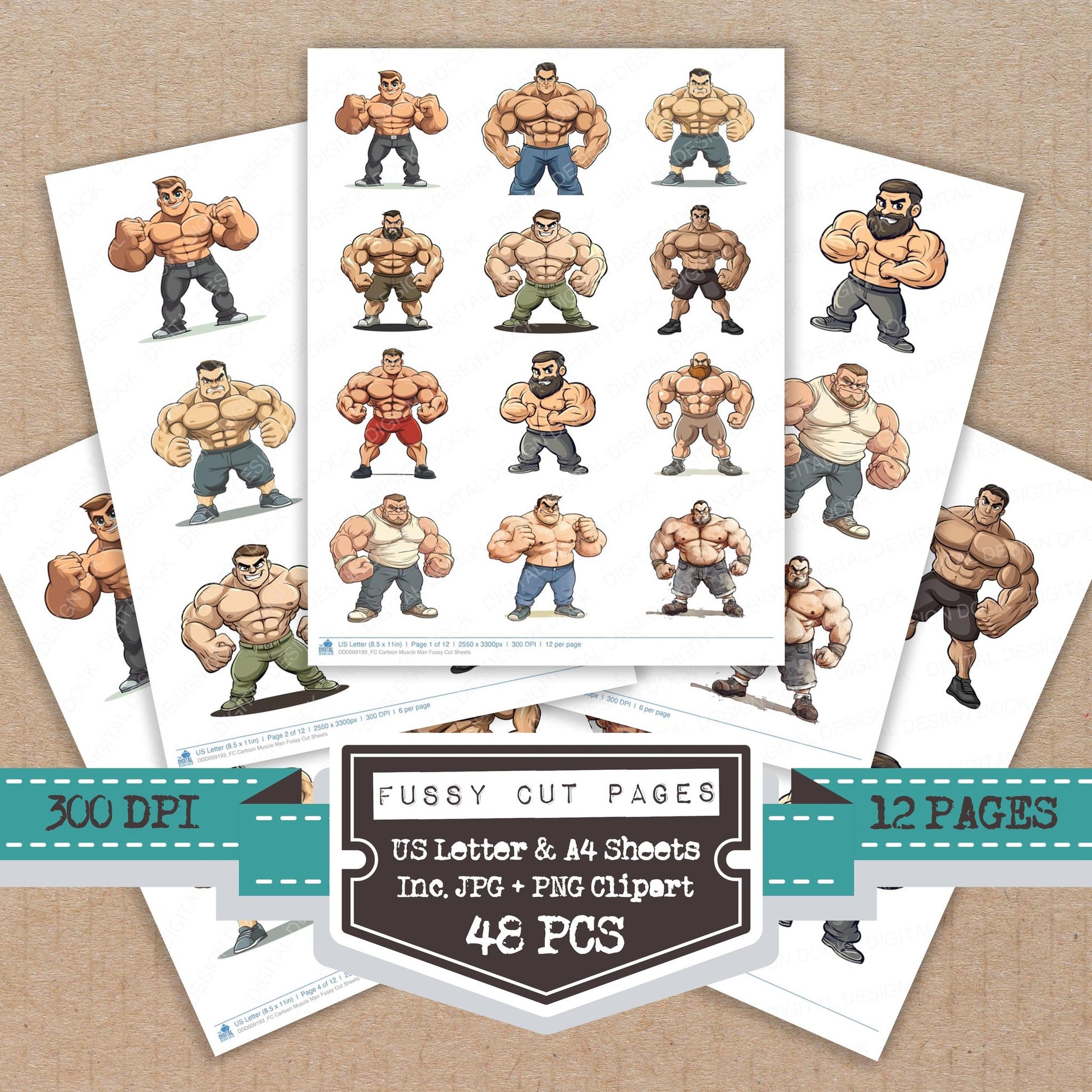 Cartoon Muscle Man fussy cut printable sheets for junk journaling, scrapbooking, and paper craft projects
