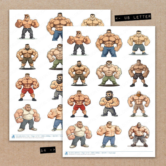 A4 and US Letter format comparison showing Cartoon Muscle Man fussy cut pages for print and cut crafting