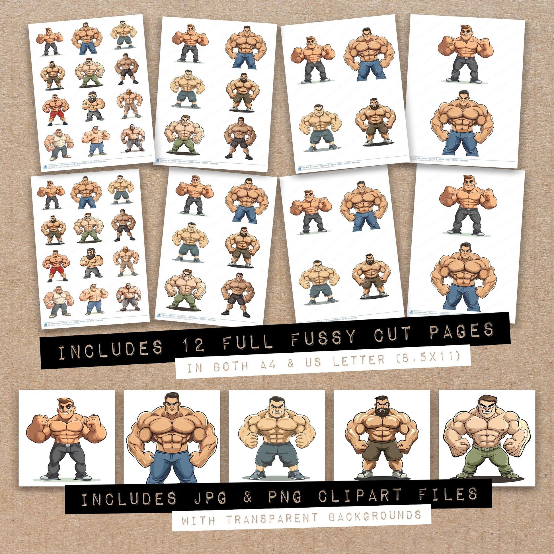Full collection view of Cartoon Muscle Man fussy cut sheets with bonus clipart JPG and PNG files