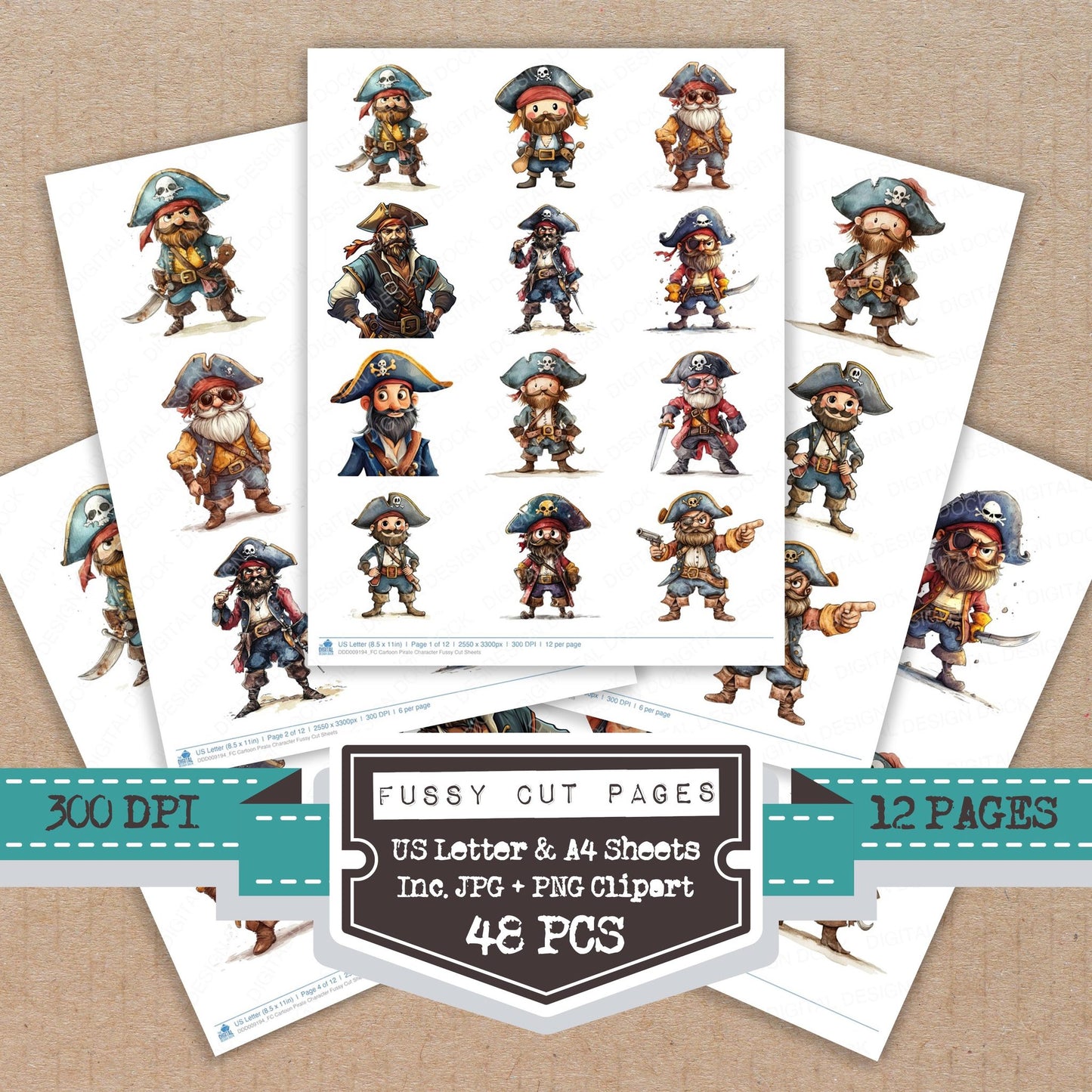 Cartoon Pirate Character fussy cut printable sheets for junk journaling, scrapbooking, and paper craft projects