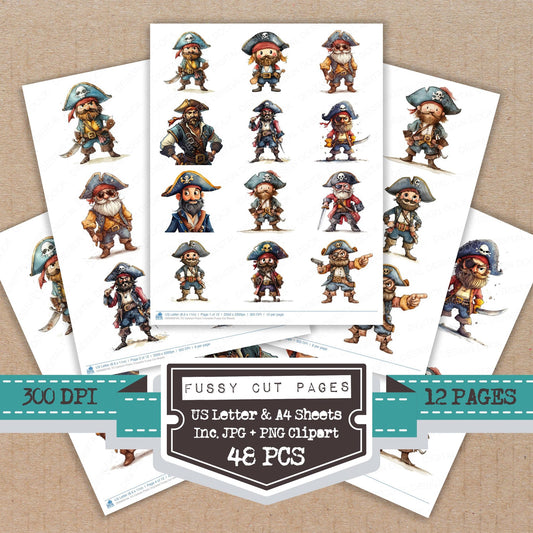 Cartoon Pirate Character fussy cut printable sheets for junk journaling, scrapbooking, and paper craft projects