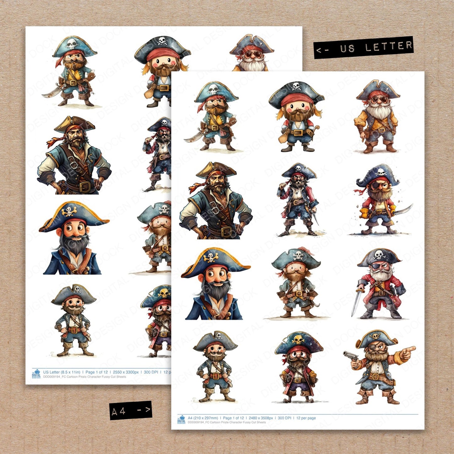 A4 and US Letter format comparison showing Cartoon Pirate Character fussy cut pages for print and cut crafting