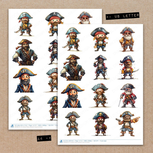 A4 and US Letter format comparison showing Cartoon Pirate Character fussy cut pages for print and cut crafting