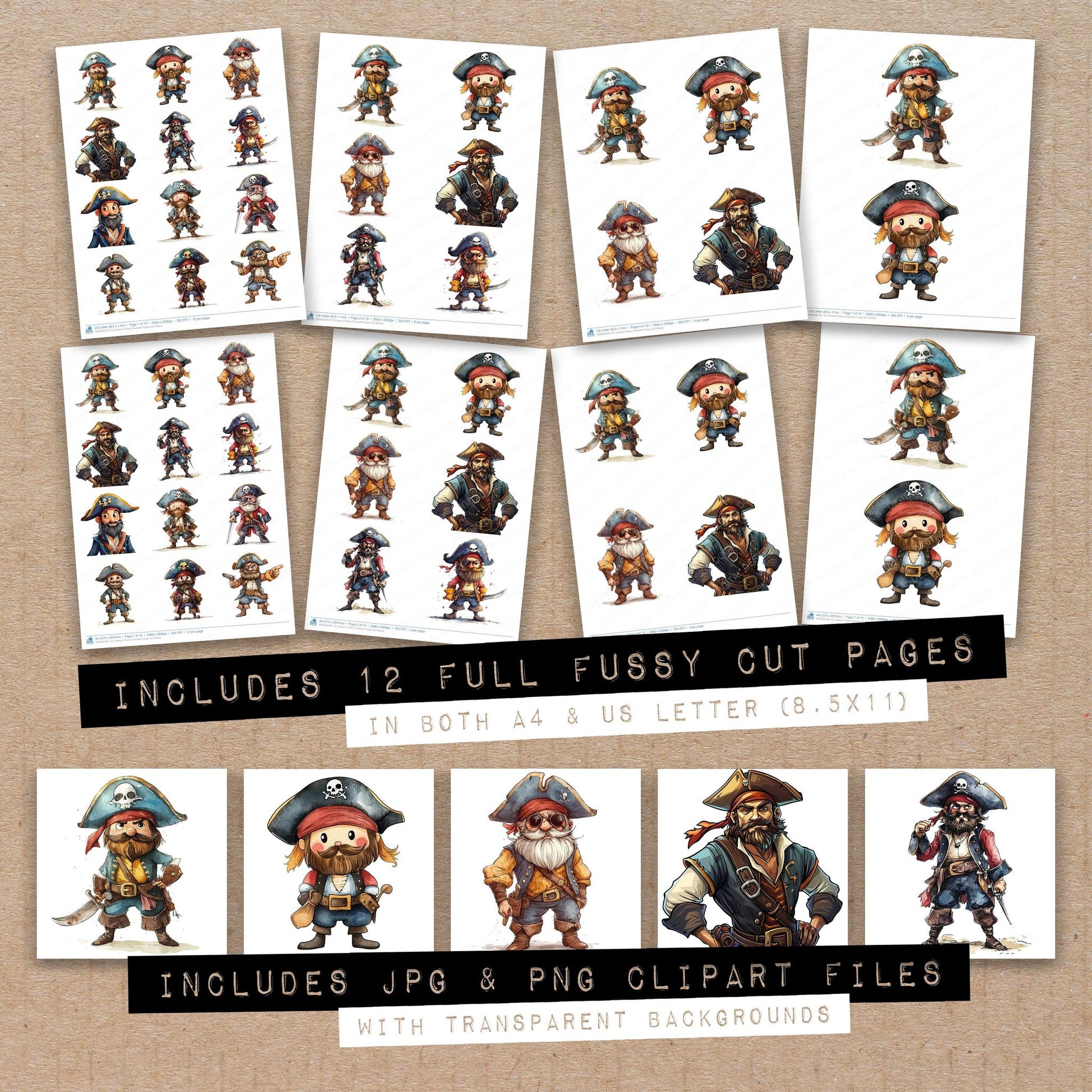 Full collection view of Cartoon Pirate Character fussy cut sheets with bonus clipart JPG and PNG files