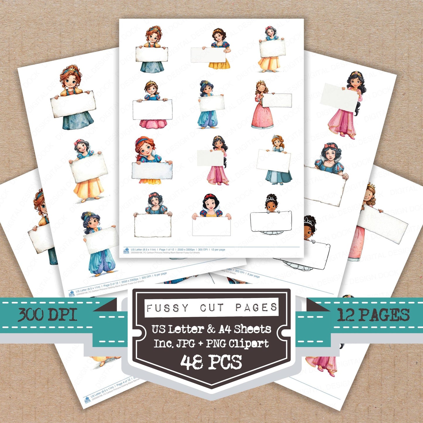 Cartoon Princess Holding Blank Banner fussy cut printable sheets for junk journaling, scrapbooking, and paper craft projects