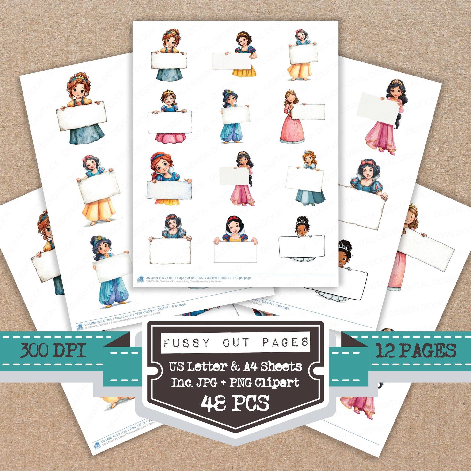 Cartoon Princess Holding Blank Banner fussy cut printable sheets for junk journaling, scrapbooking, and paper craft projects