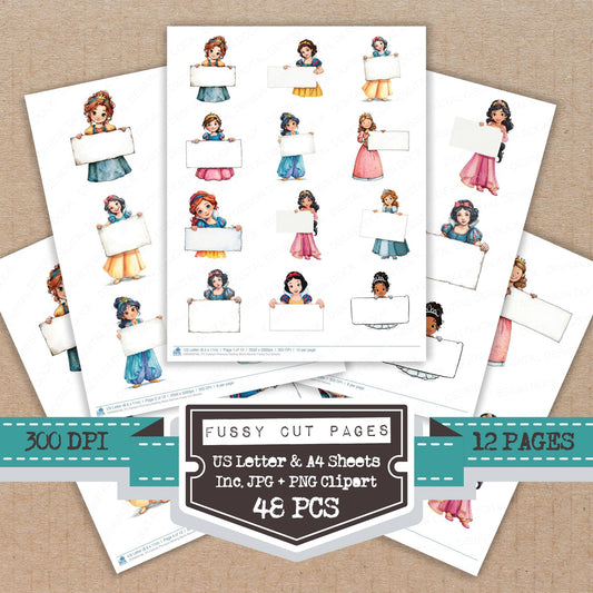 Cartoon Princess Holding Blank Banner fussy cut printable sheets for junk journaling, scrapbooking, and paper craft projects