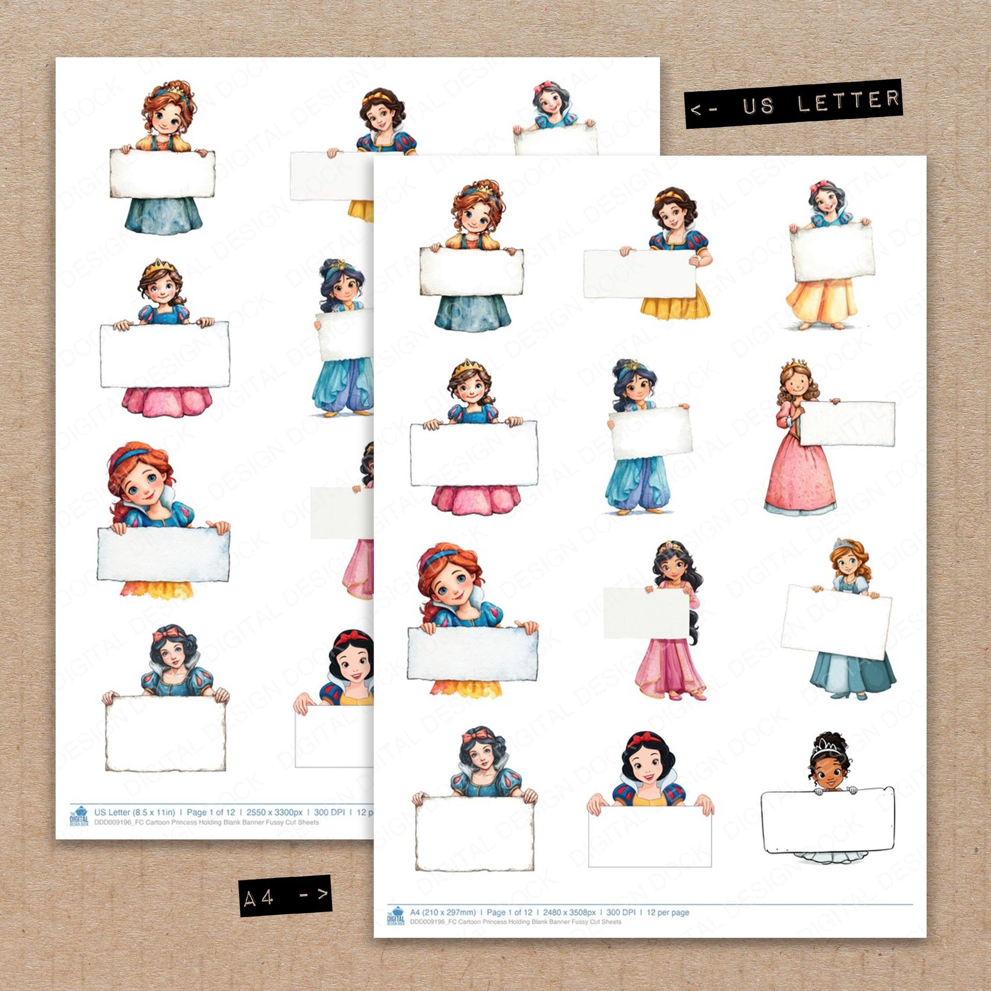 A4 and US Letter format comparison showing Cartoon Princess Holding Blank Banner fussy cut pages for print and cut crafting