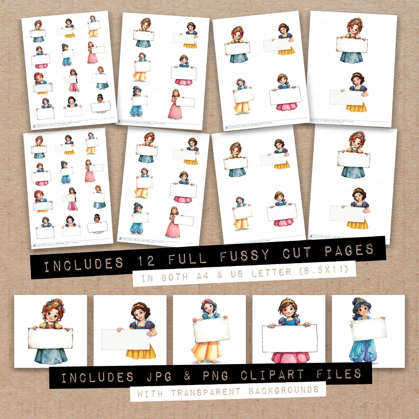Full collection view of Cartoon Princess Holding Blank Banner fussy cut sheets with bonus clipart JPG and PNG files