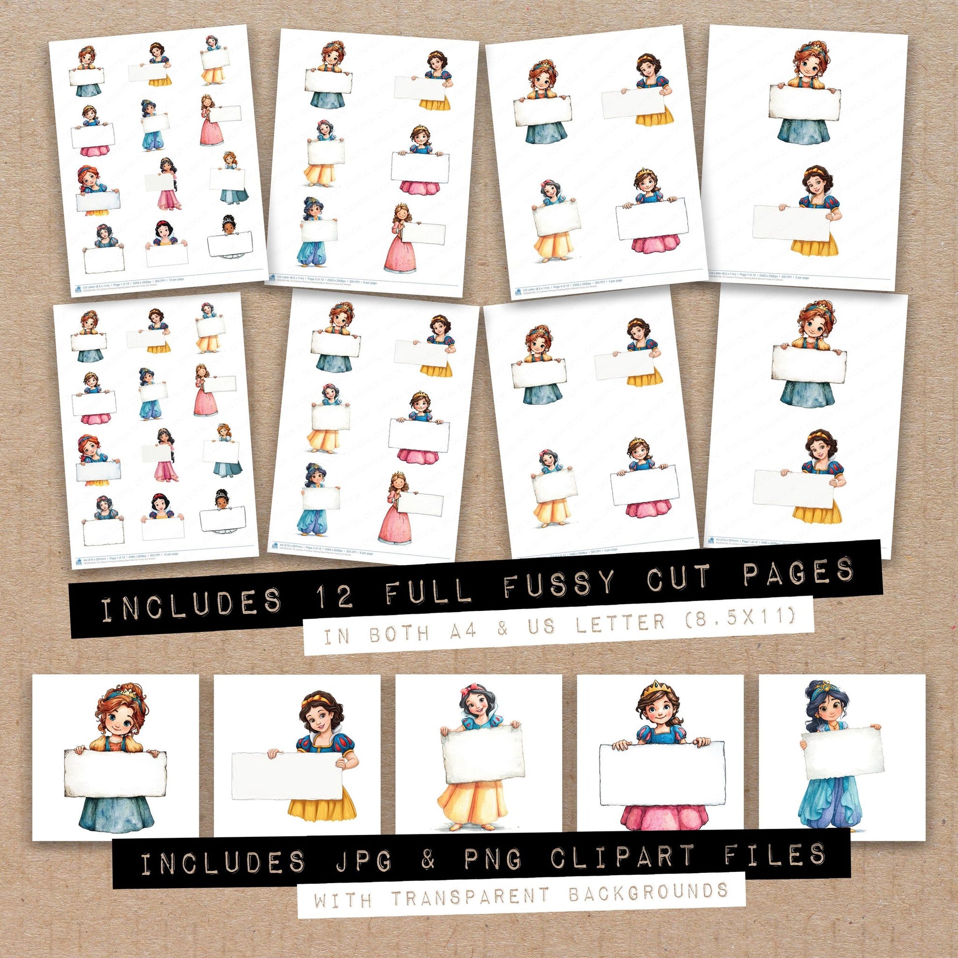 Full collection view of Cartoon Princess Holding Blank Banner fussy cut sheets with bonus clipart JPG and PNG files