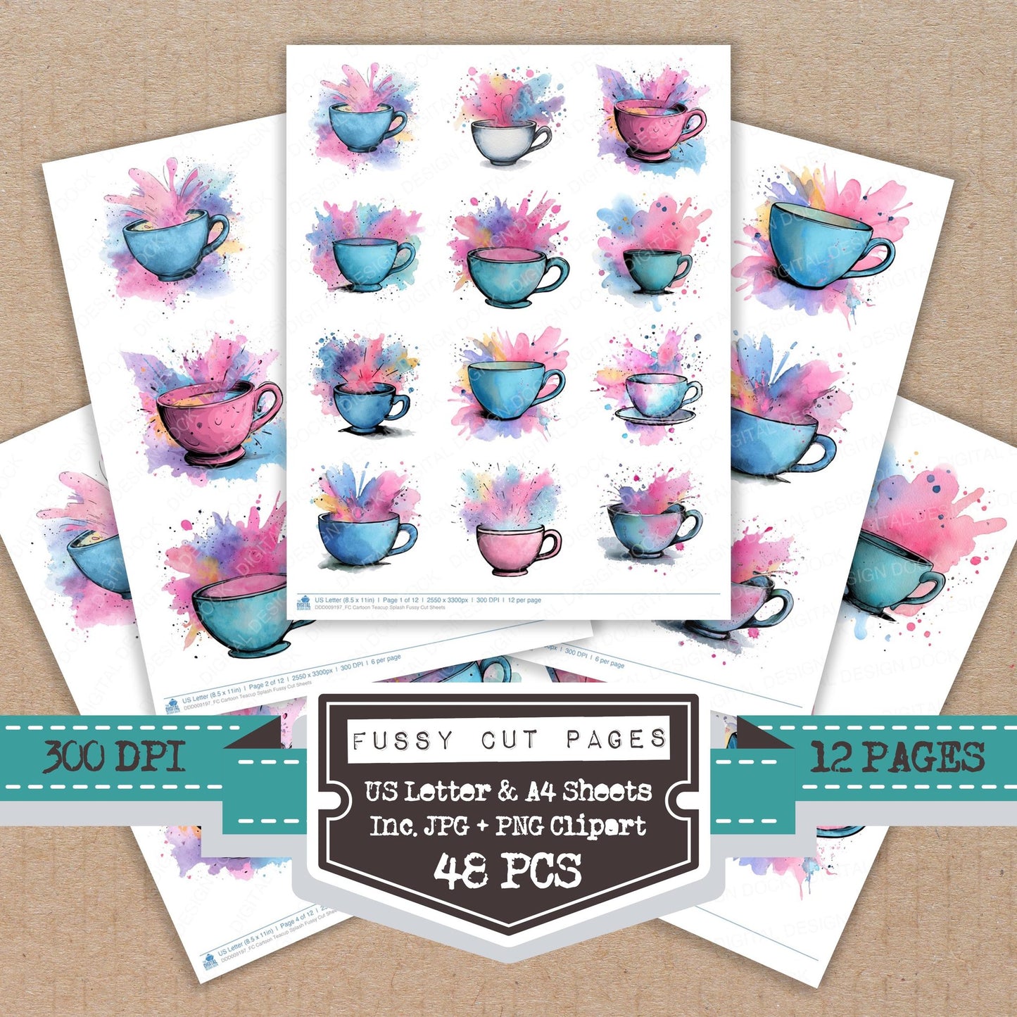 Cartoon Teacup Splash fussy cut printable sheets for junk journaling, scrapbooking, and paper craft projects