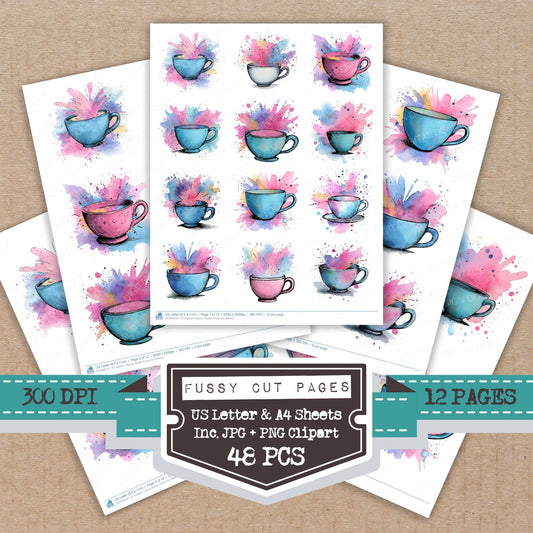 Cartoon Teacup Splash fussy cut printable sheets for junk journaling, scrapbooking, and paper craft projects