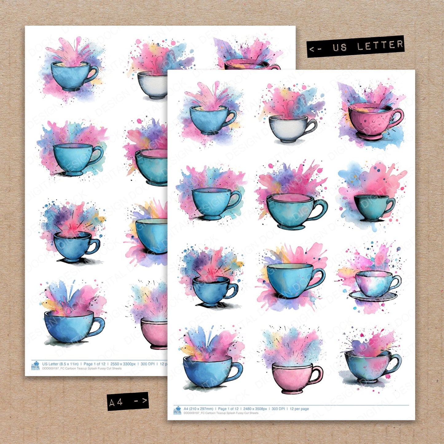 A4 and US Letter format comparison showing Cartoon Teacup Splash fussy cut pages for print and cut crafting