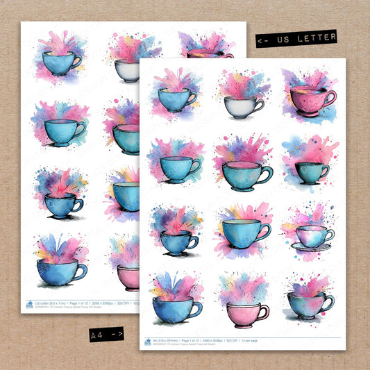 A4 and US Letter format comparison showing Cartoon Teacup Splash fussy cut pages for print and cut crafting