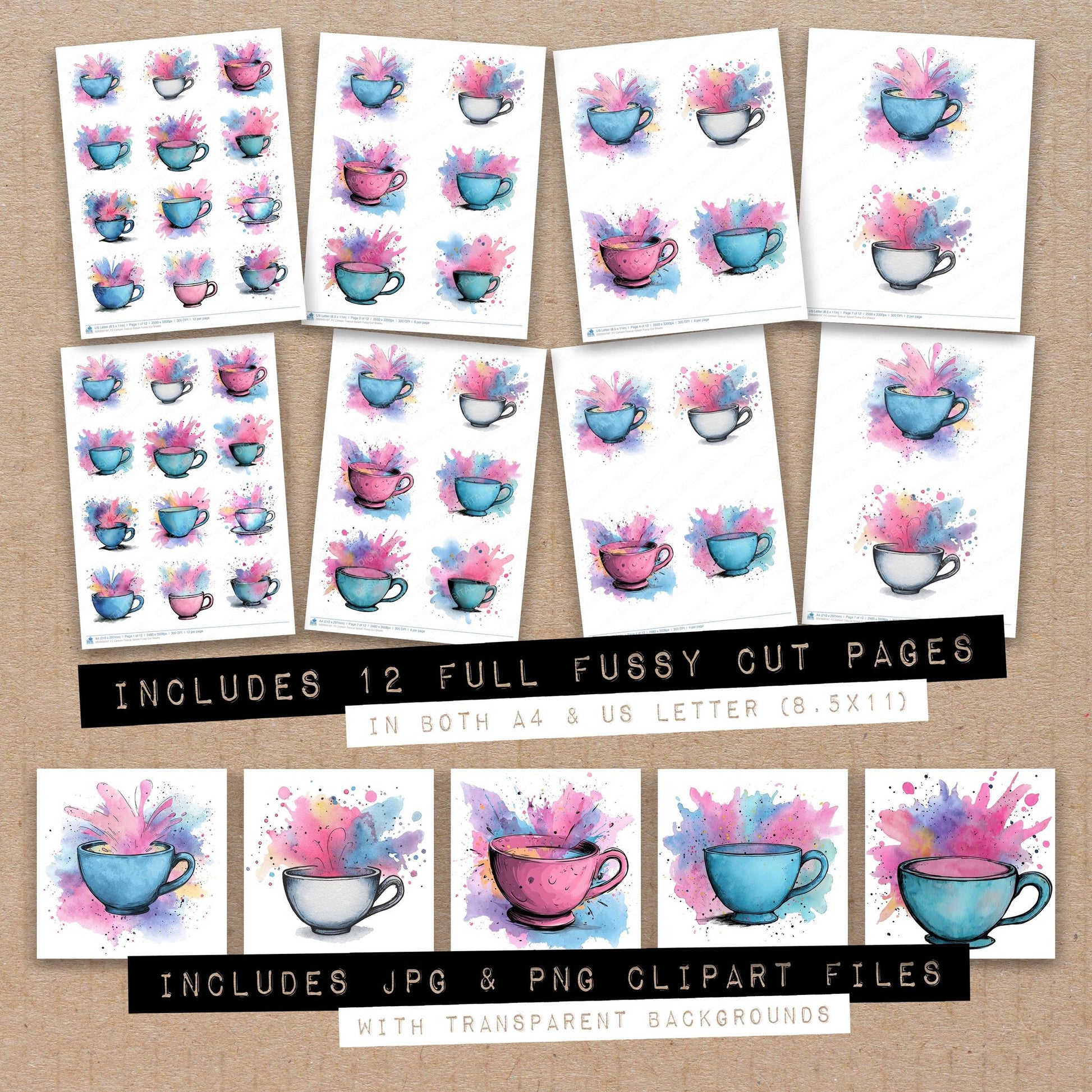 Full collection view of Cartoon Teacup Splash fussy cut sheets with bonus clipart JPG and PNG files