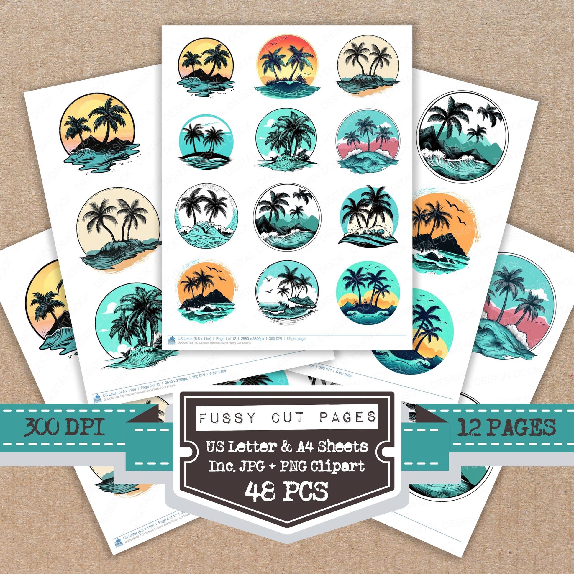 Cartoon Tropical Island fussy cut printable sheets for junk journaling, scrapbooking, and paper craft projects