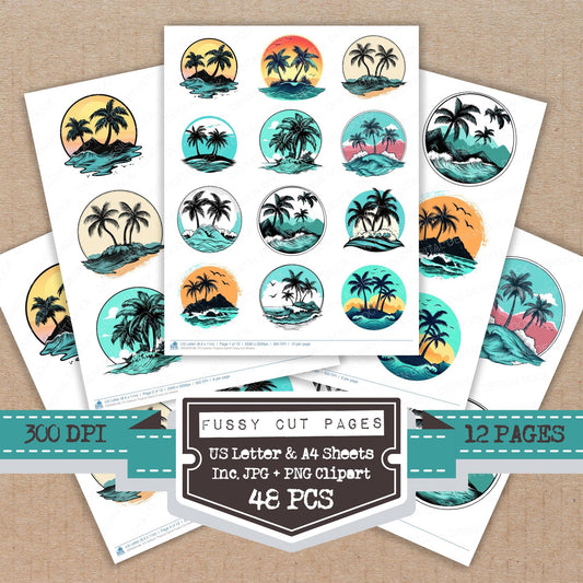 Cartoon Tropical Island fussy cut printable sheets for junk journaling, scrapbooking, and paper craft projects