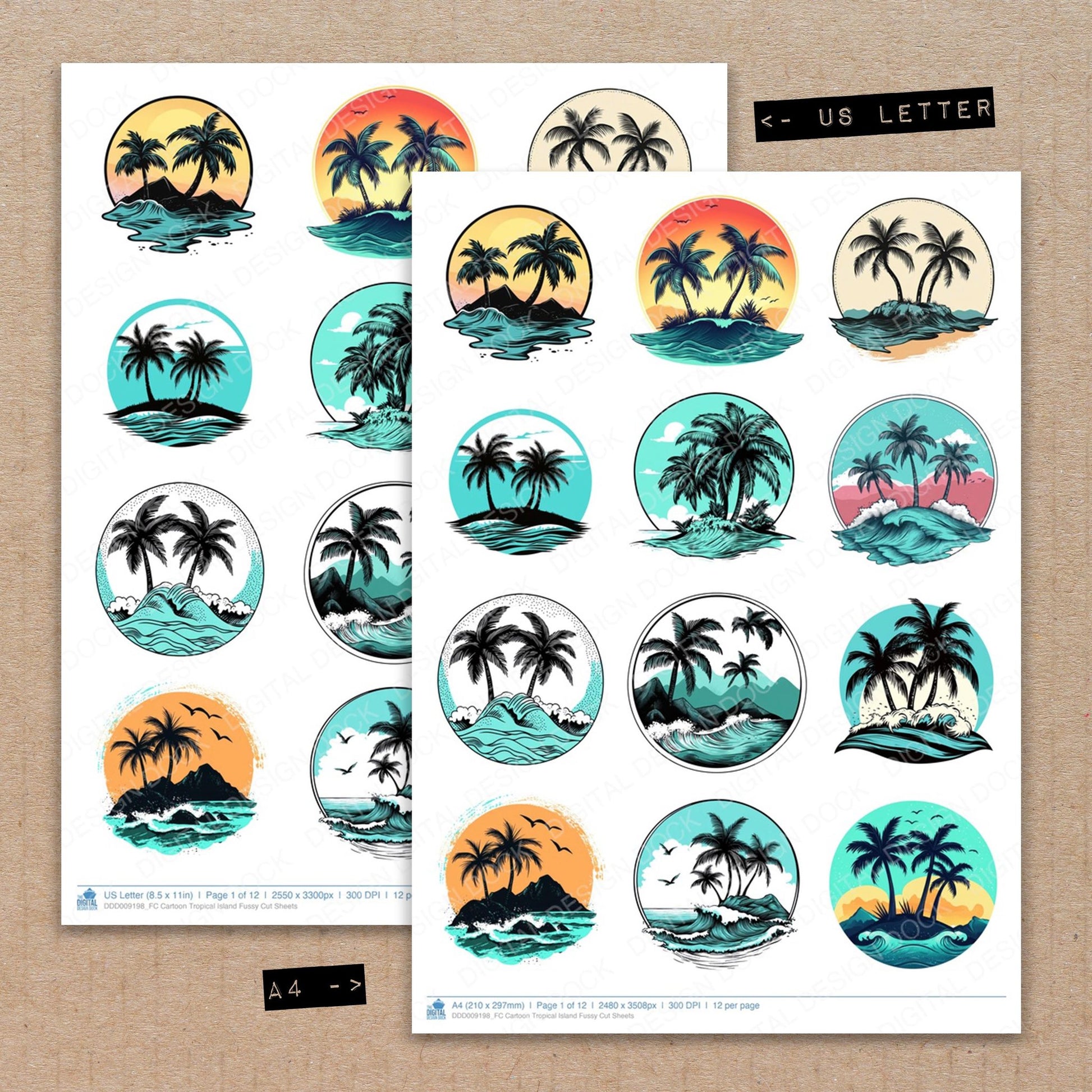 A4 and US Letter format comparison showing Cartoon Tropical Island fussy cut pages for print and cut crafting