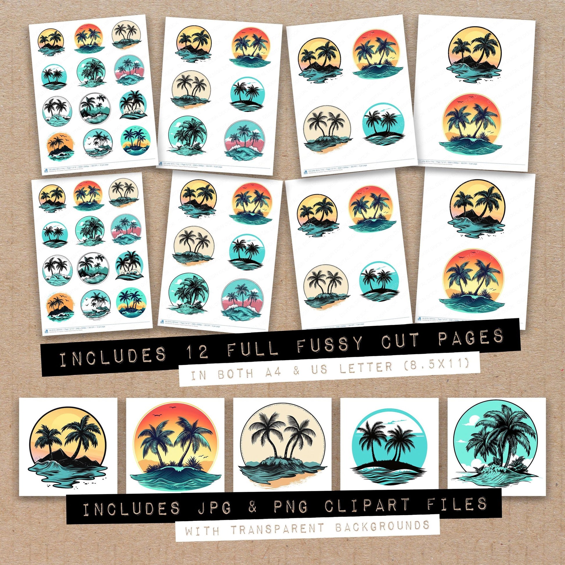 Full collection view of Cartoon Tropical Island fussy cut sheets with bonus clipart JPG and PNG files