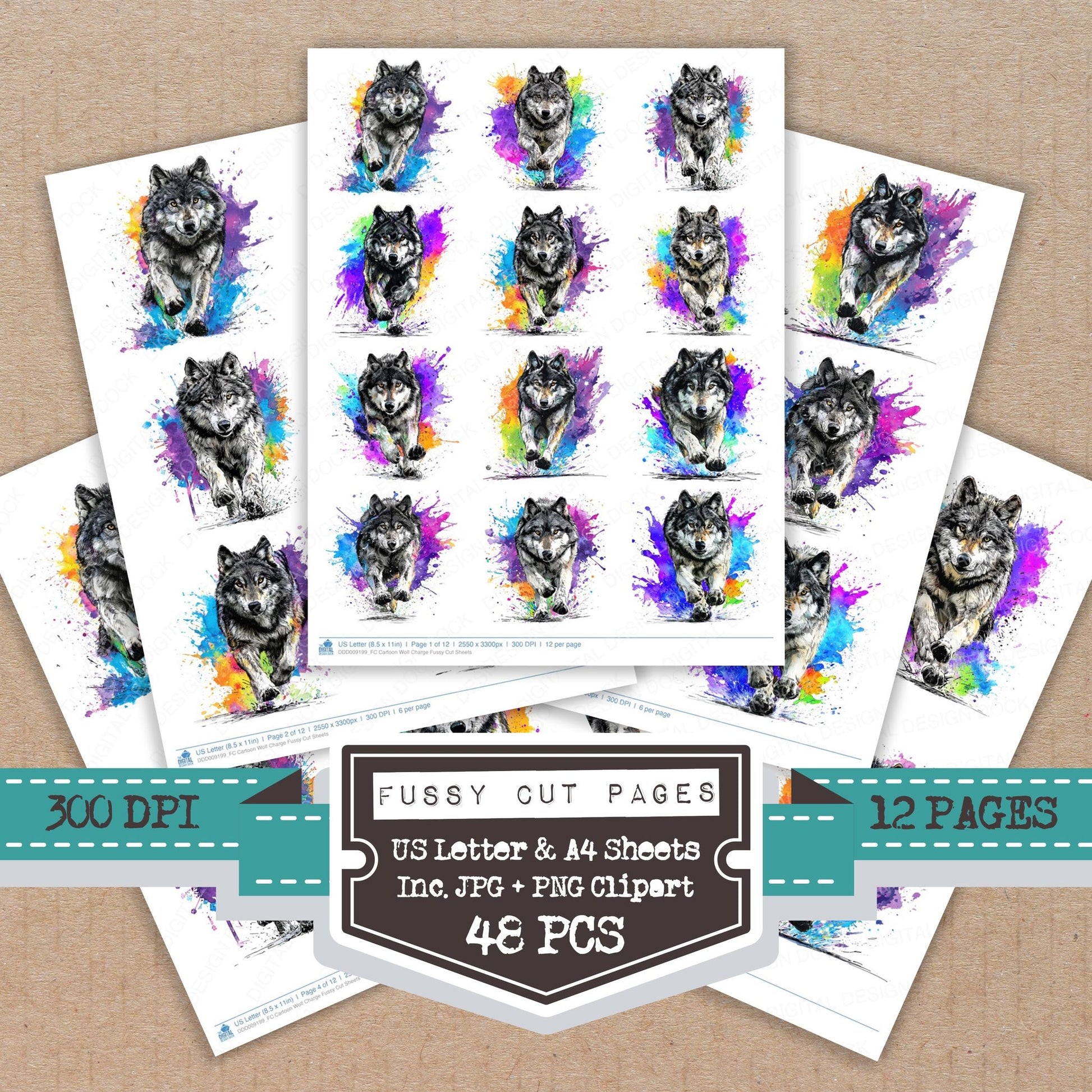 Cartoon Wolf Charge fussy cut printable sheets for junk journaling, scrapbooking, and paper craft projects