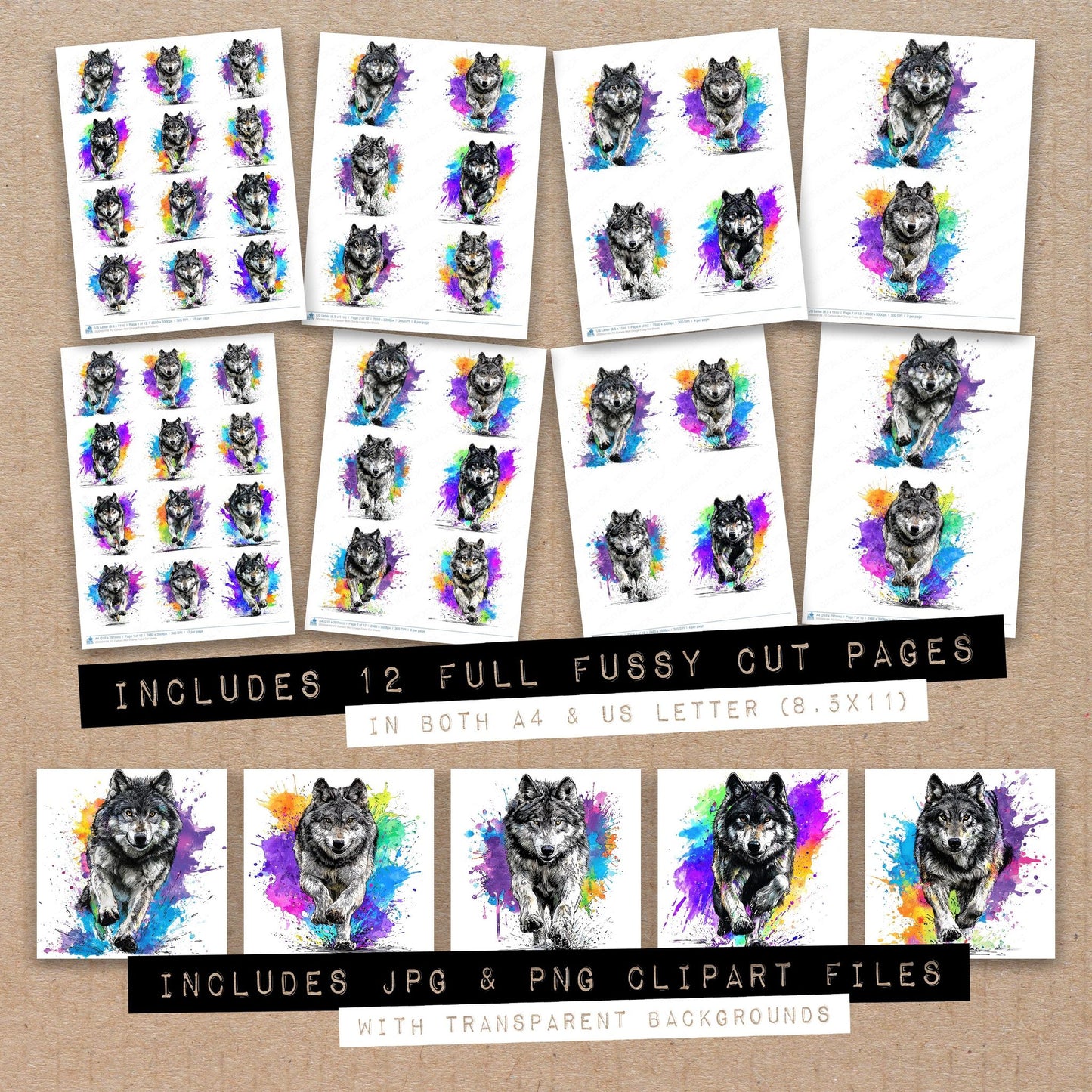 Full collection view of Cartoon Wolf Charge fussy cut sheets with bonus clipart JPG and PNG files