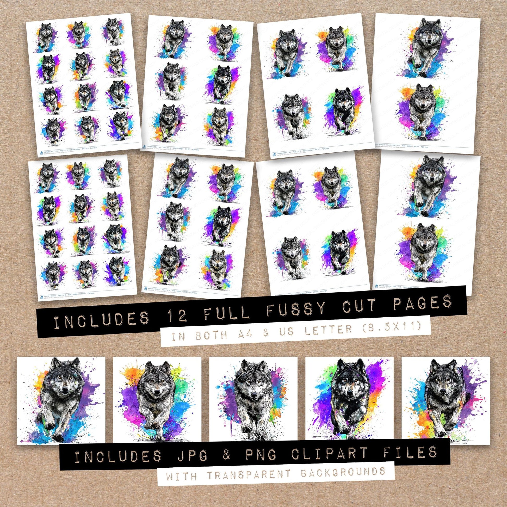 Full collection view of Cartoon Wolf Charge fussy cut sheets with bonus clipart JPG and PNG files