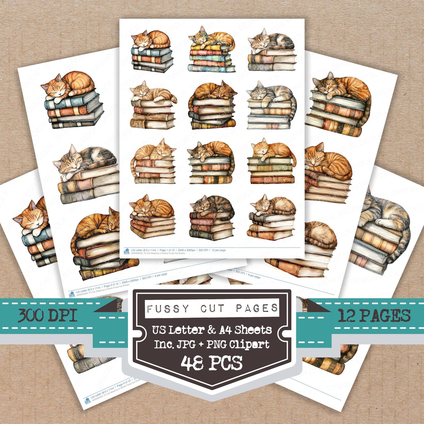 Cat Sleeping on Books fussy cut printable sheets for junk journaling, scrapbooking, and paper craft projects