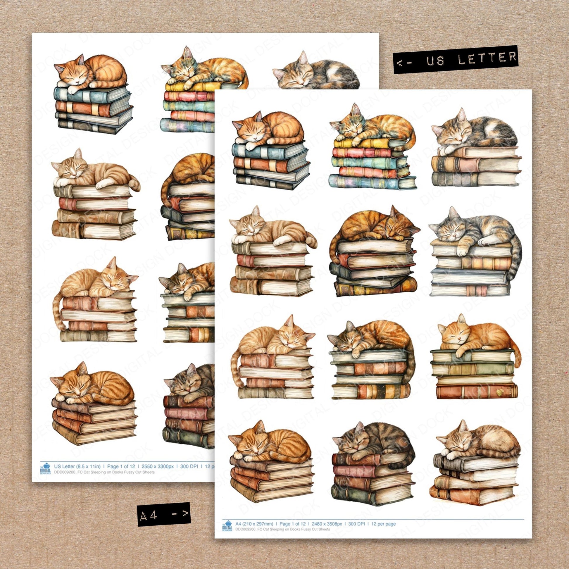 A4 and US Letter format comparison showing Cat Sleeping on Books fussy cut pages for print and cut crafting