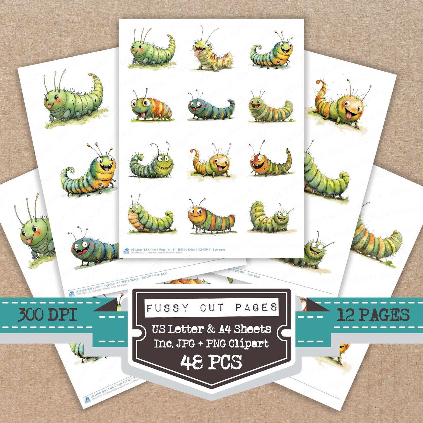 Caterpillar Character fussy cut printable sheets for junk journaling, scrapbooking, and paper craft projects