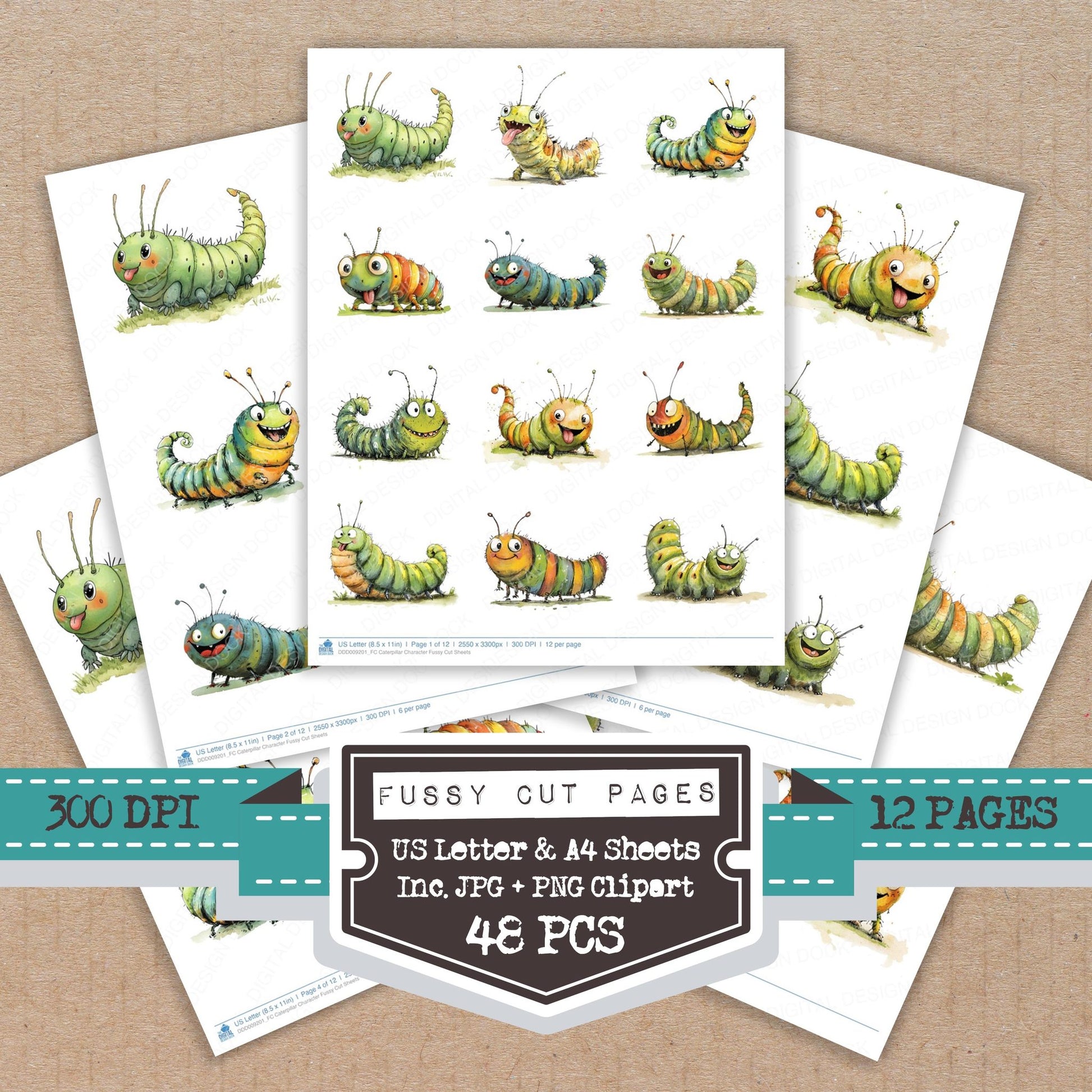 Caterpillar Character fussy cut printable sheets for junk journaling, scrapbooking, and paper craft projects