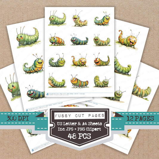 Caterpillar Character fussy cut printable sheets for junk journaling, scrapbooking, and paper craft projects