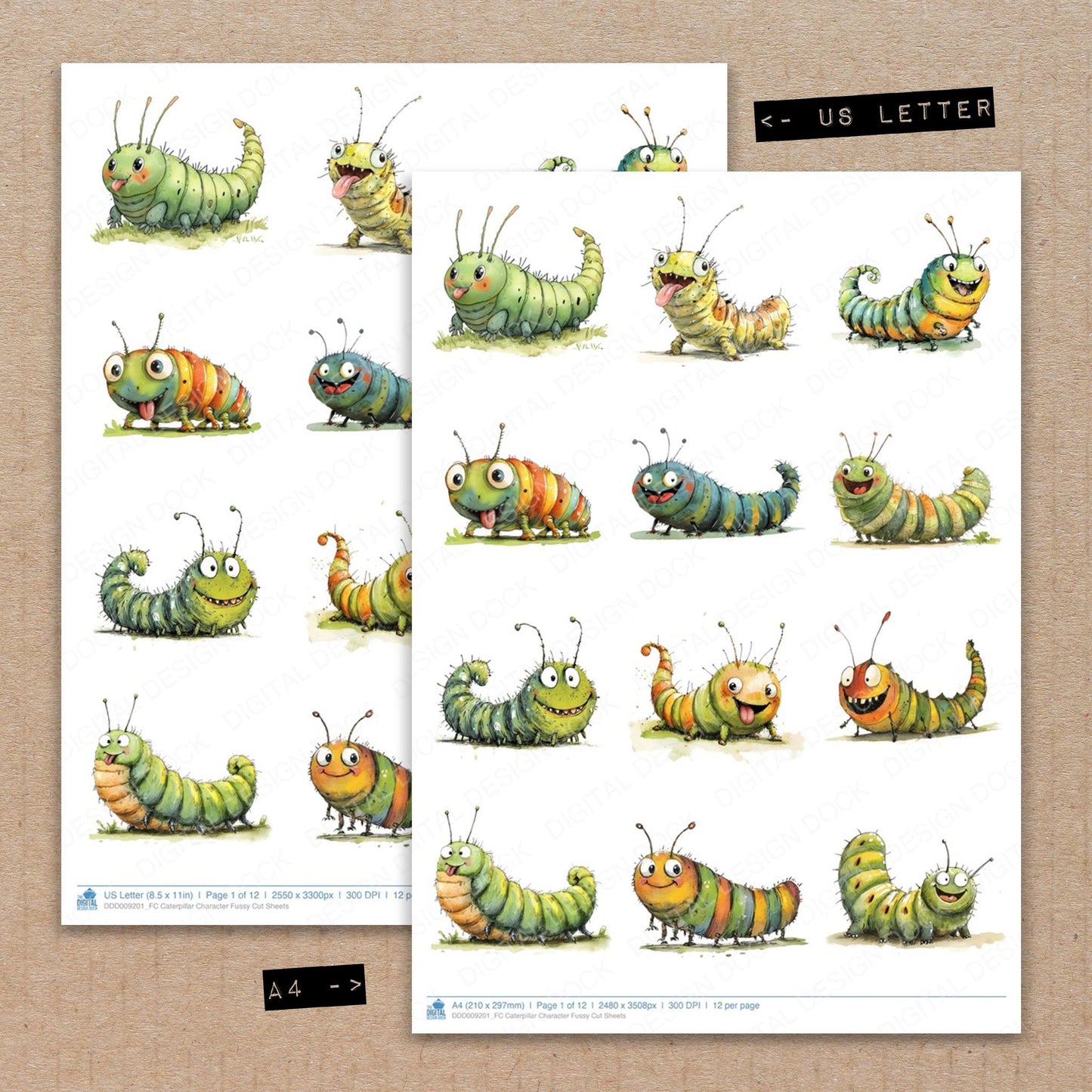 A4 and US Letter format comparison showing Caterpillar Character fussy cut pages for print and cut crafting