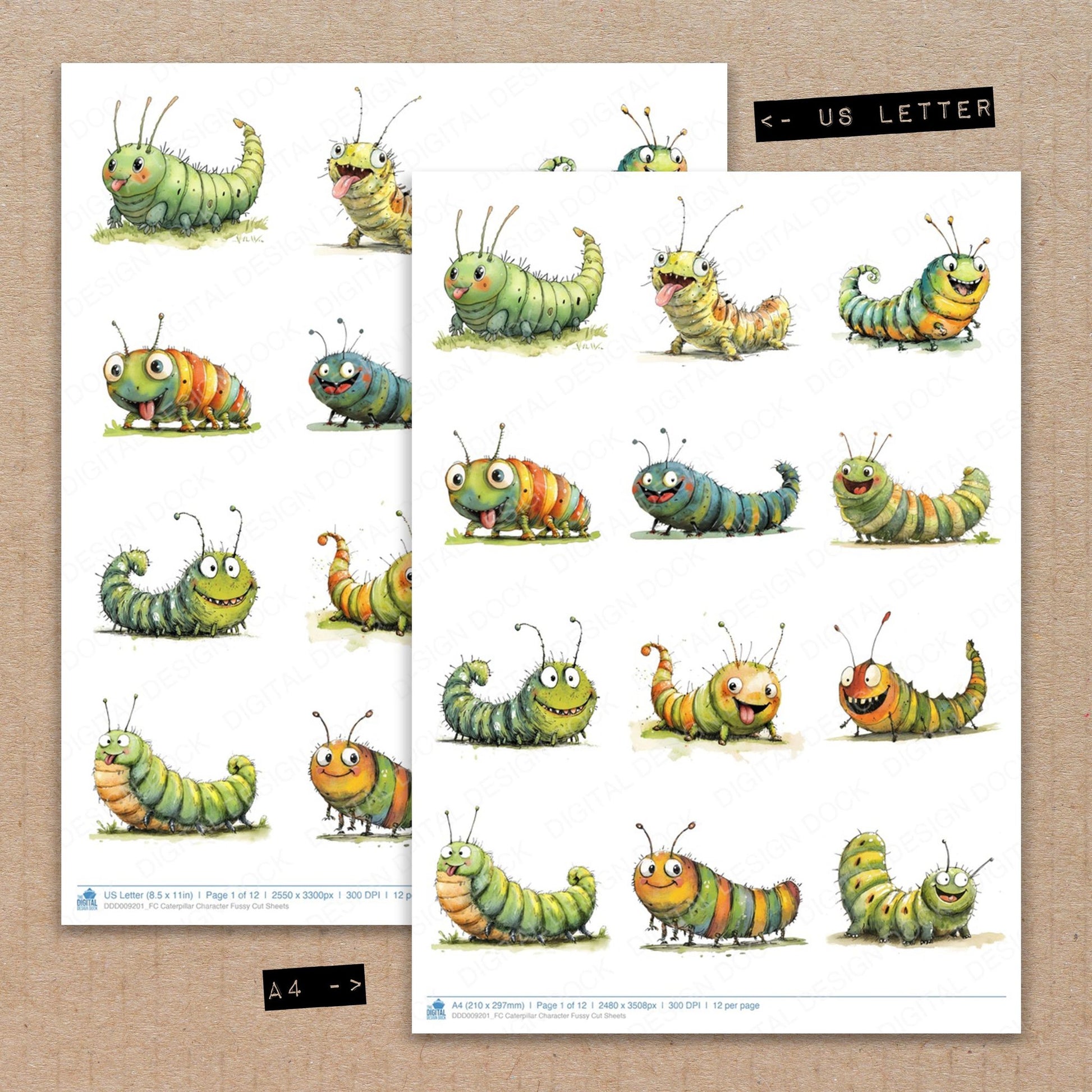 A4 and US Letter format comparison showing Caterpillar Character fussy cut pages for print and cut crafting