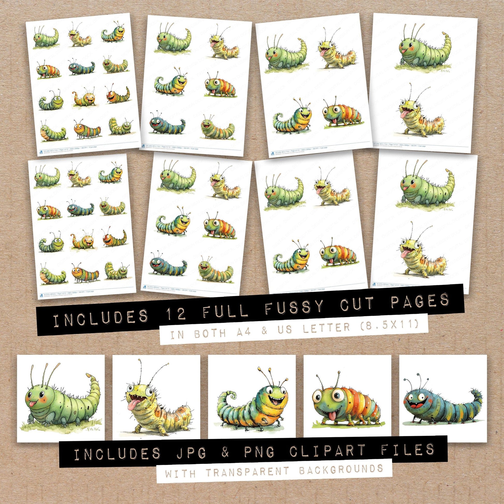 Full collection view of Caterpillar Character fussy cut sheets with bonus clipart JPG and PNG files