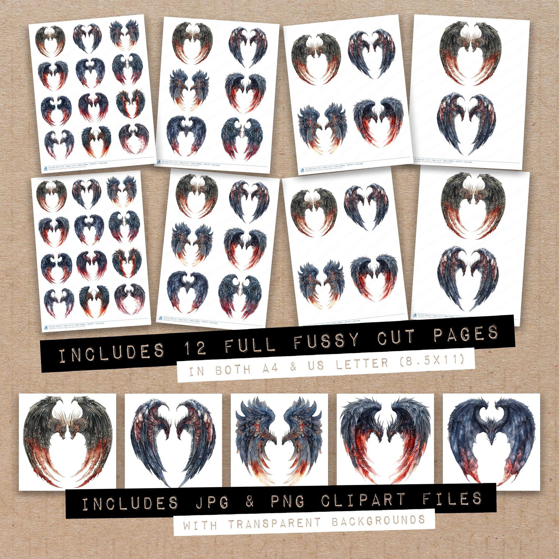 Full collection view of Celestial Dragon Angel Wings fussy cut sheets with bonus clipart JPG and PNG files