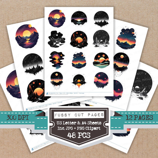 Celestial Landscape fussy cut printable sheets for junk journaling, scrapbooking, and paper craft projects