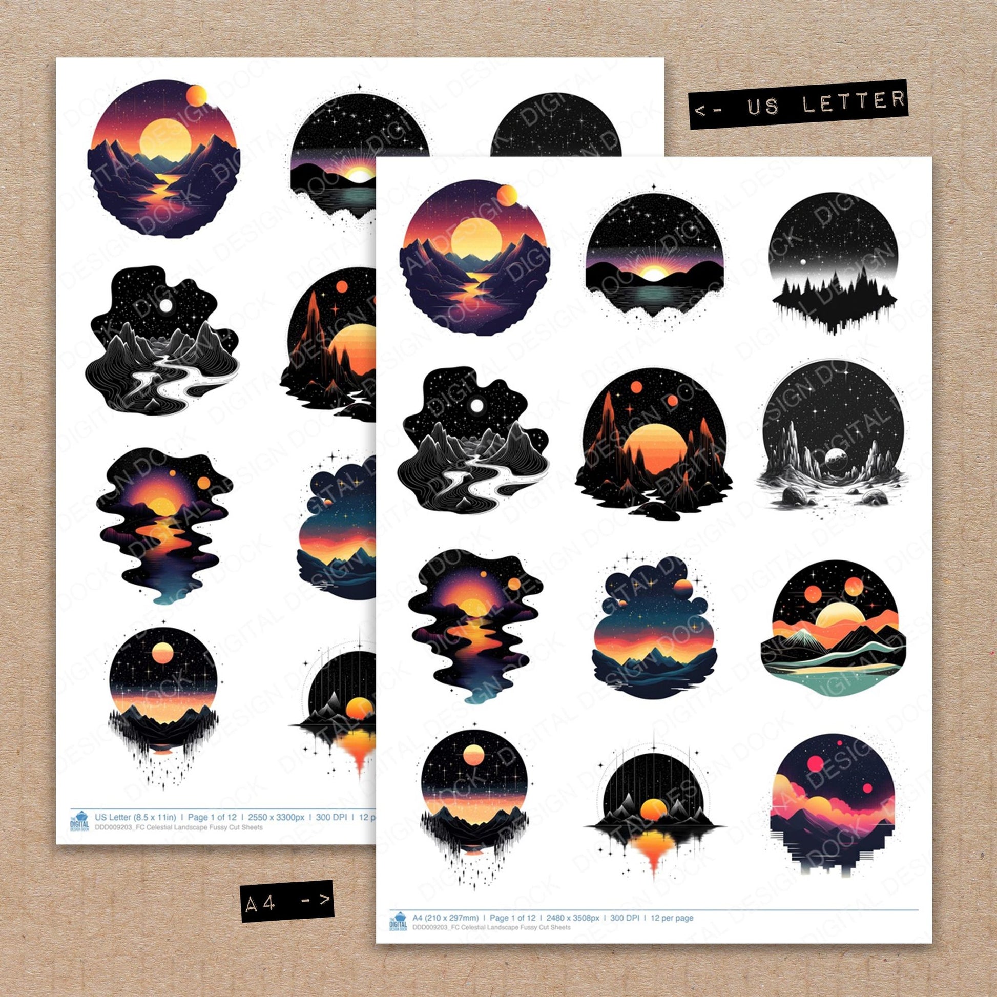 A4 and US Letter format comparison showing Celestial Landscape fussy cut pages for print and cut crafting