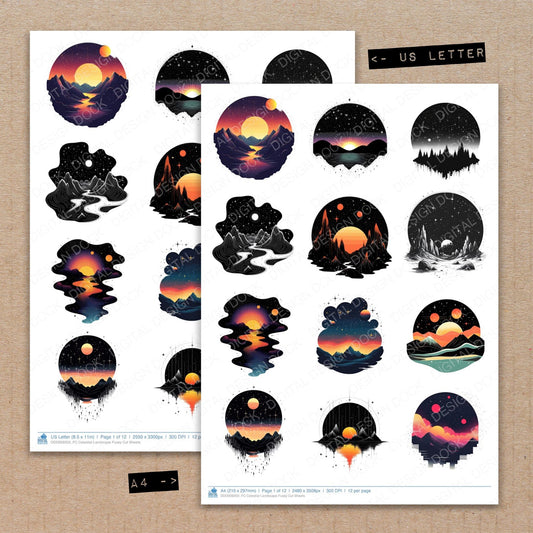 A4 and US Letter format comparison showing Celestial Landscape fussy cut pages for print and cut crafting