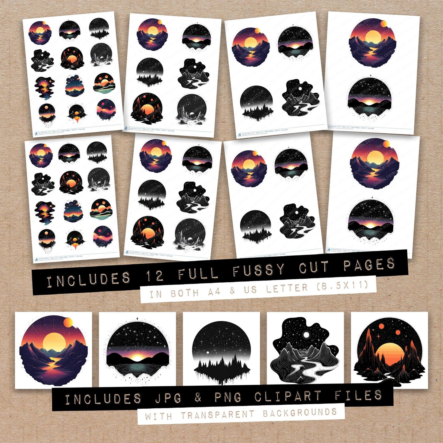 Full collection view of Celestial Landscape fussy cut sheets with bonus clipart JPG and PNG files