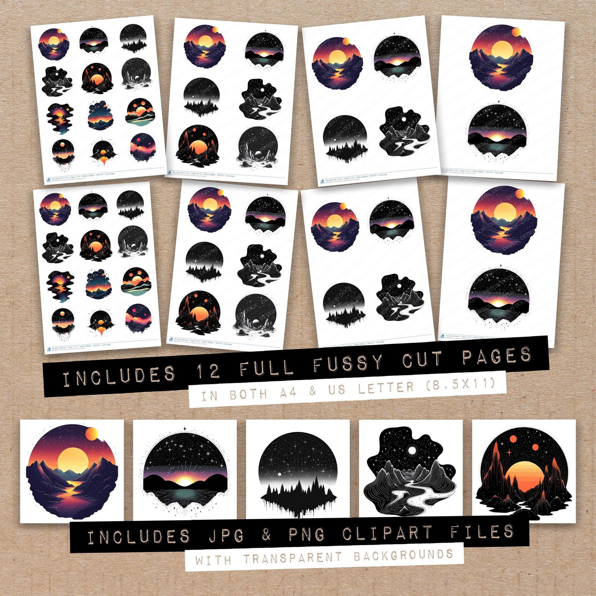 Full collection view of Celestial Landscape fussy cut sheets with bonus clipart JPG and PNG files