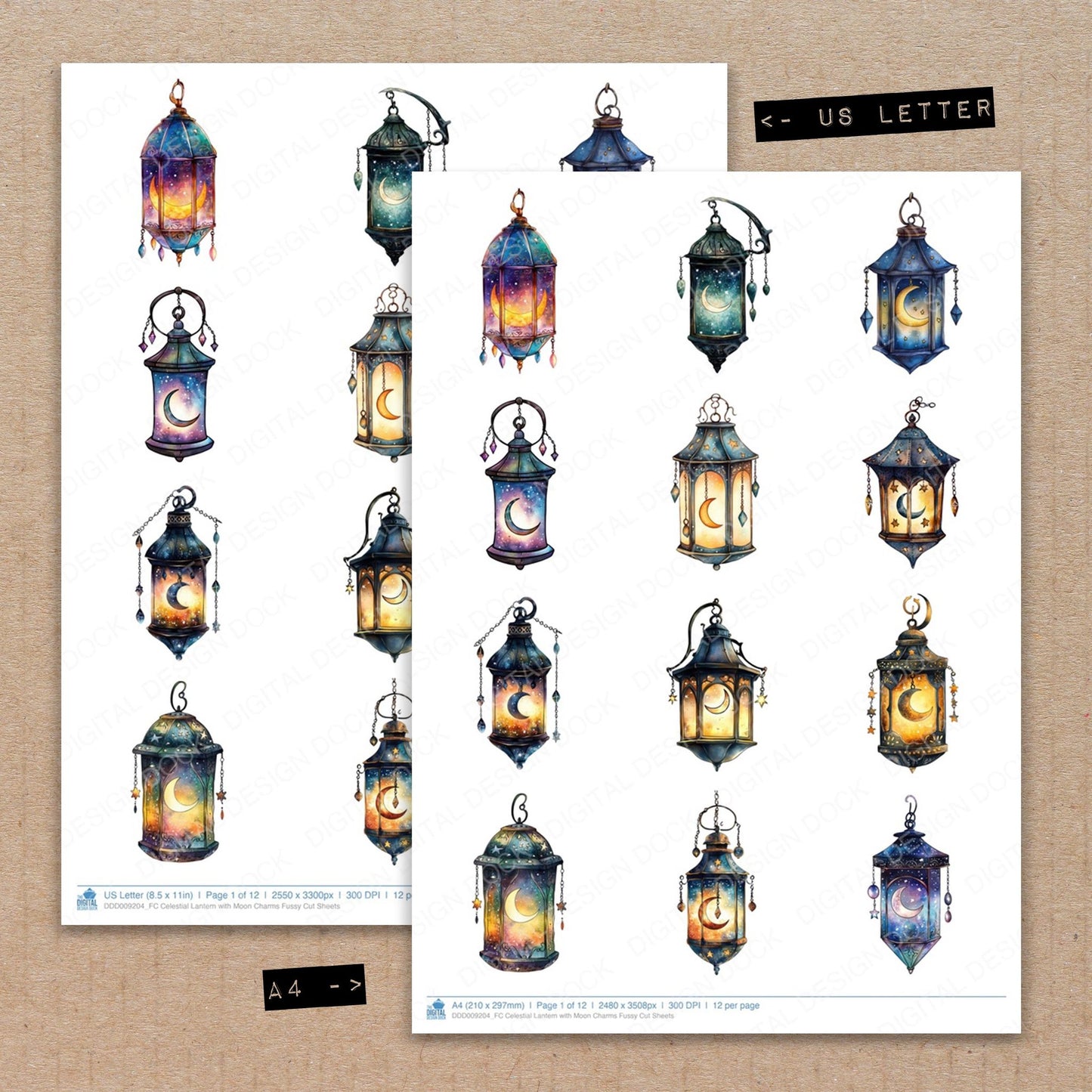 A4 and US Letter format comparison showing Celestial Lantern with Moon Charms fussy cut pages for print and cut crafting