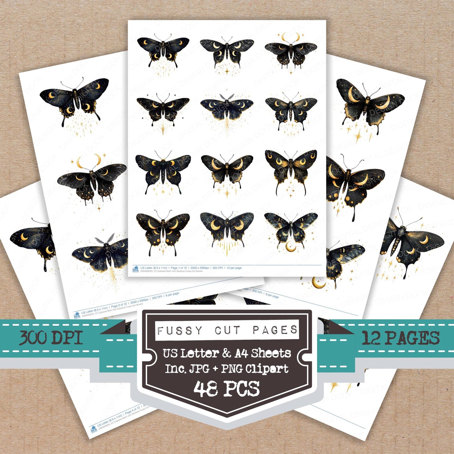 Celestial Moth with Stardust fussy cut printable sheets for junk journaling, scrapbooking, and paper craft projects