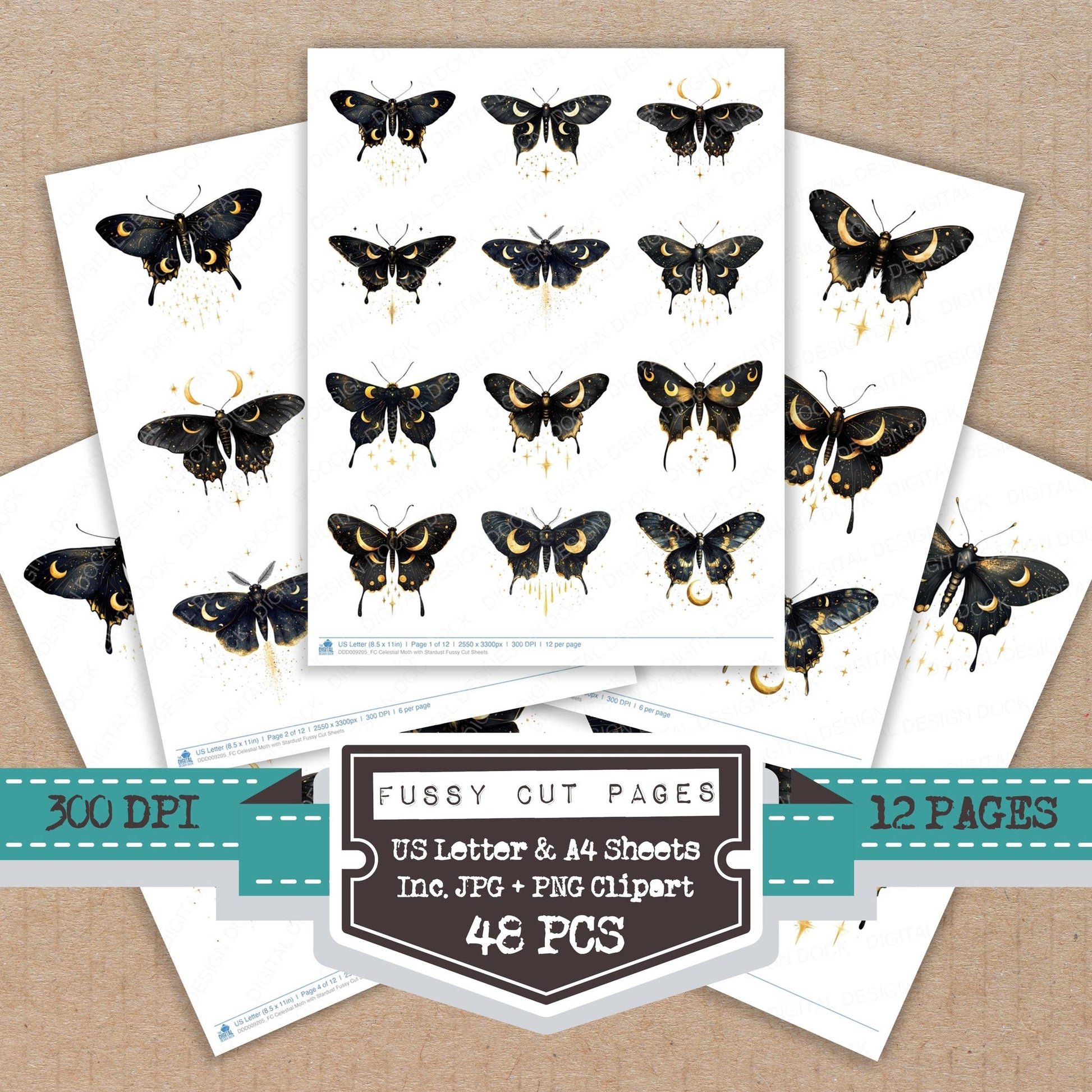 Celestial Moth with Stardust fussy cut printable sheets for junk journaling, scrapbooking, and paper craft projects