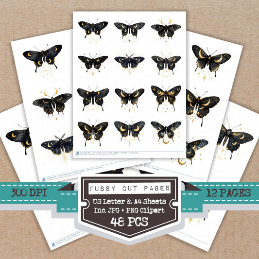 Celestial Moth with Stardust fussy cut printable sheets for junk journaling, scrapbooking, and paper craft projects